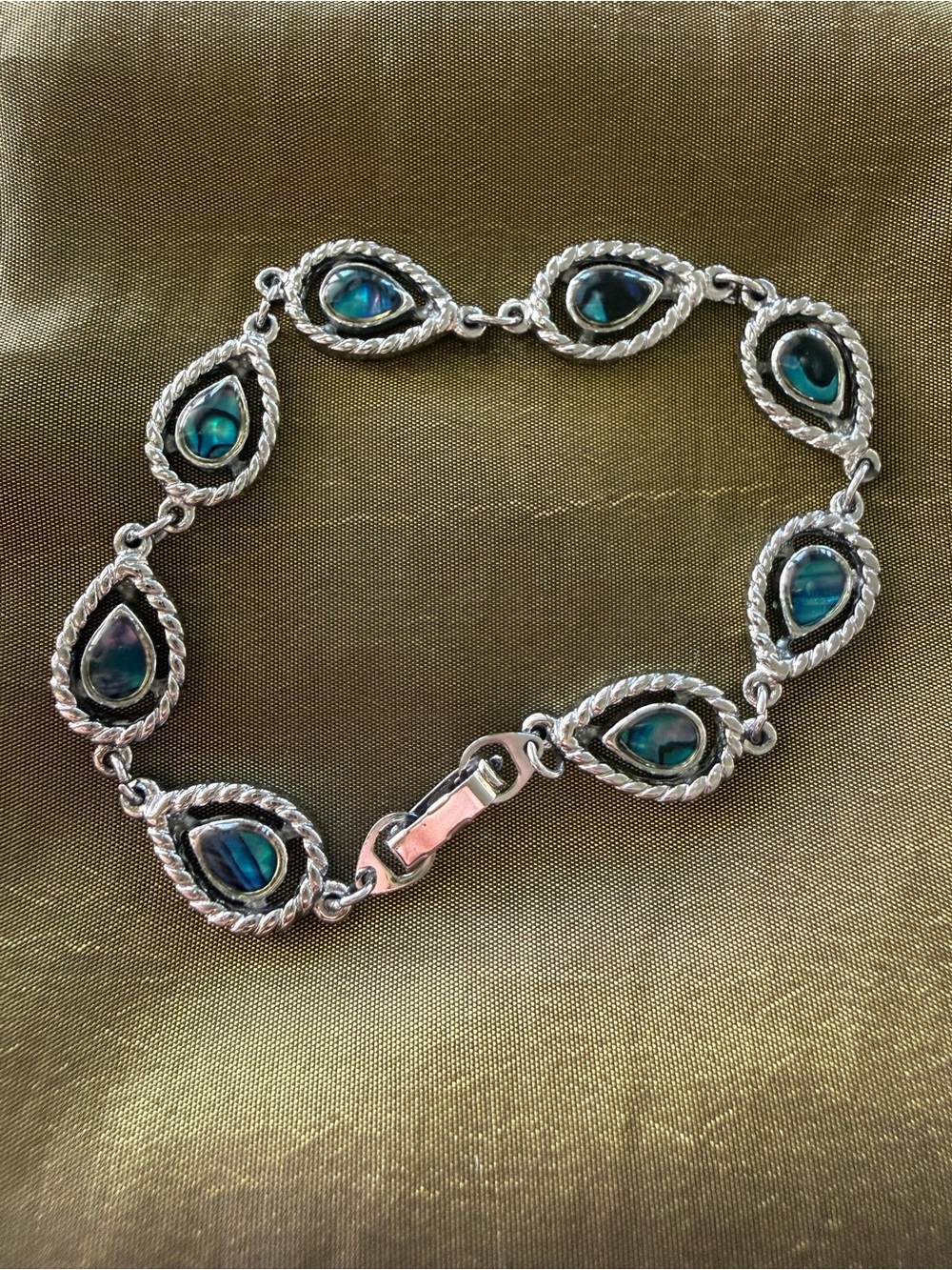 Sterling Silver Teardrop Abalone Bracelet - Green Blue Inlay